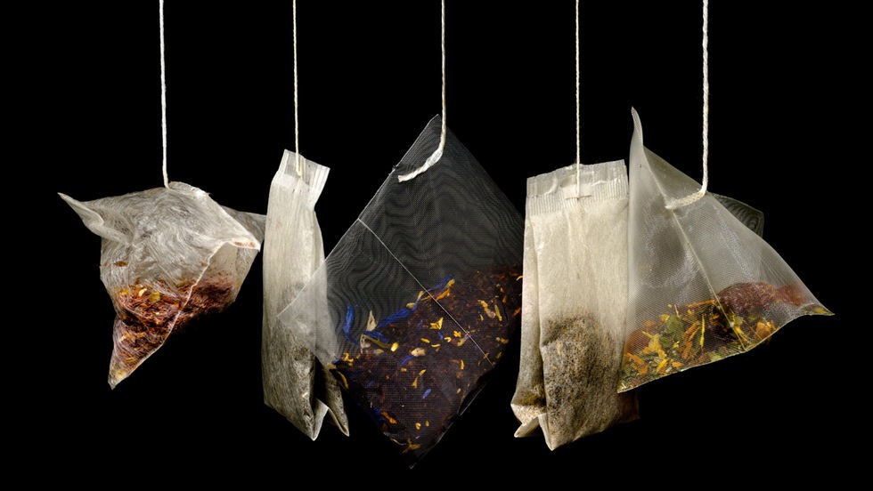 A bag of herbal tea bags hanging off fish hooks