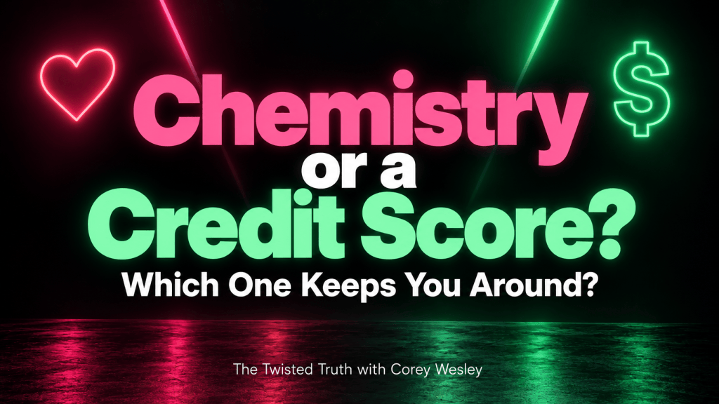 Neon sign reading Chemistry or a Credit Score? Which One Keeps You Around? The Twisted Truth with Corey Wesley. AI-generated image.