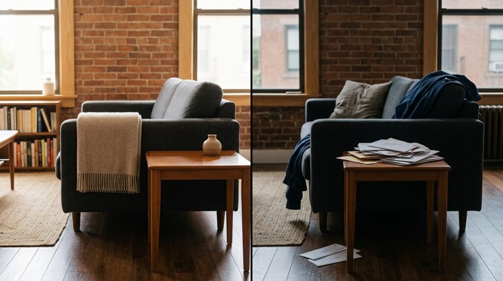 The same living room shown twice, clean and calm on the left, a pile of unopened mail on the side table on the right