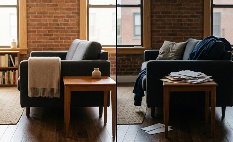 The same living room shown twice, clean and calm on the left, a pile of unopened mail on the side table on the right