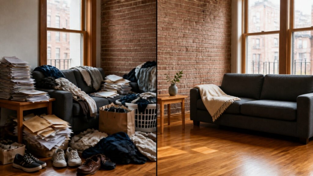 The same kind of living room shown twice, piled with mail, clothes, shoes and boxes on the left, clean and calm on the right