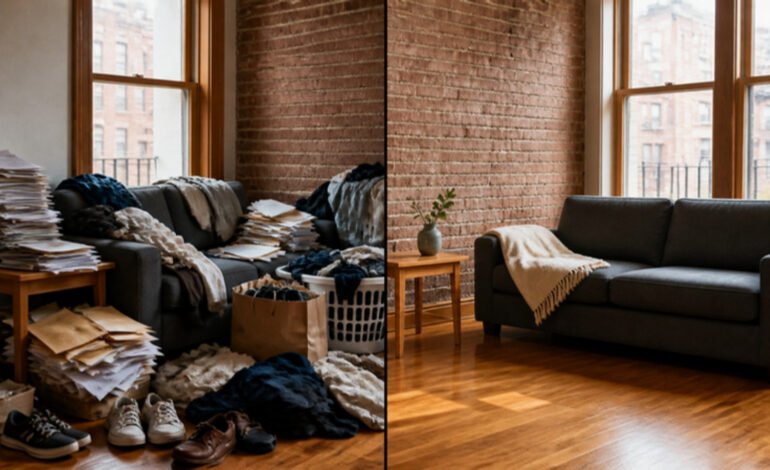 The same kind of living room shown twice, piled with mail, clothes, shoes and boxes on the left, clean and calm on the right