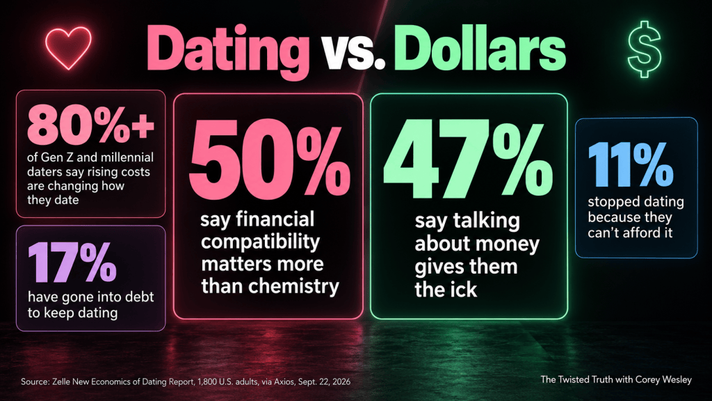 Dating vs. Dollars neon statistics graphic from the Zelle New Economics of Dating Report via Axios, Sept. 22, 2026. AI-generated image.