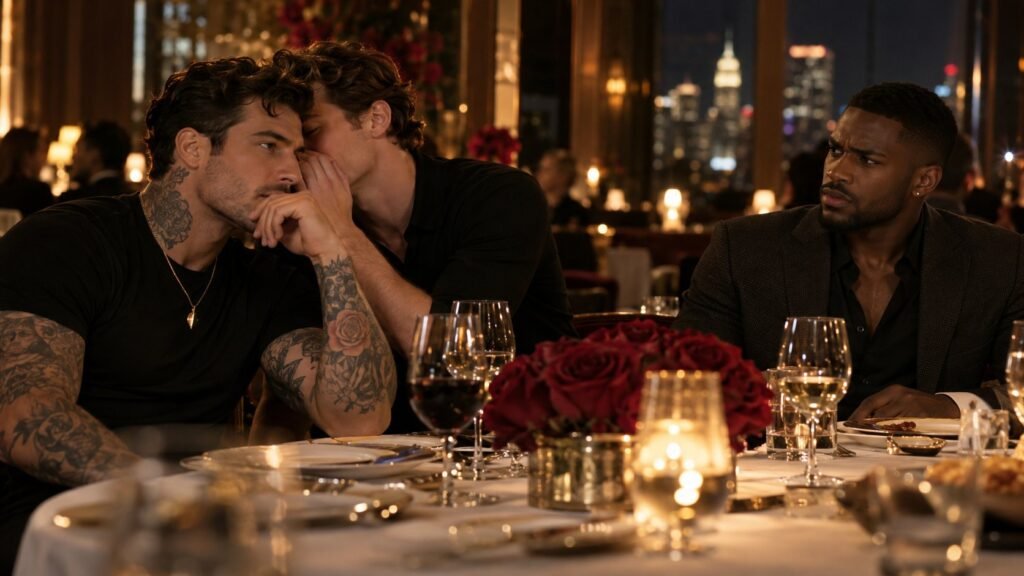 A tattooed white man's friend whispers in his ear at a candlelit New York dinner while his Black date looks on, confused