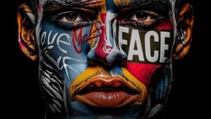 Close crop of a face in blue, red and gold color blocks with scratched white linework, artwork by Corey Wesley.