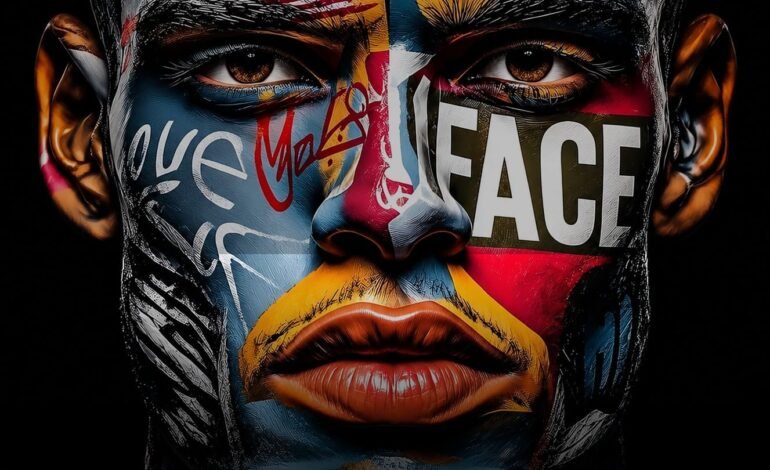 Close crop of a face in blue, red and gold color blocks with scratched white linework, artwork by Corey Wesley.