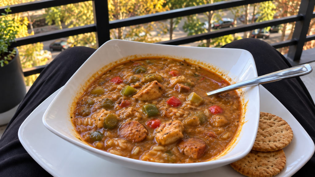 A bowl of chicken and sausage gumbo with rice and peppers, with crackers on the side, on a Harlem apartment balcony in the fall.
