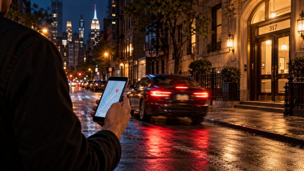 Man holding a phone with a map and location pin on a rainy New York City street at night as a rideshare car pulls away from an apartment building