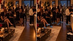 The same Harlem apartment party shown twice, guests in their shoes on the left and guests in blue shoe covers on the right with shoes lined up by the door