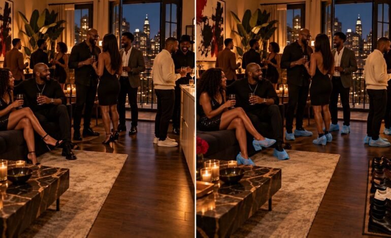 The same Harlem apartment party shown twice, guests in their shoes on the left and guests in blue shoe covers on the right with shoes lined up by the door
