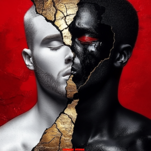 Artwork by Corey Wesley from the Unapologetic Faces archive: two faces split by a gold crack on red