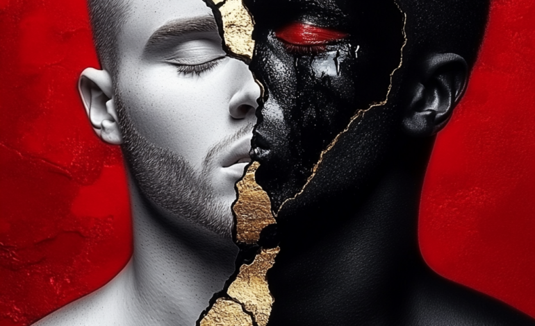 Artwork by Corey Wesley from the Unapologetic Faces archive: two faces split by a gold crack on red
