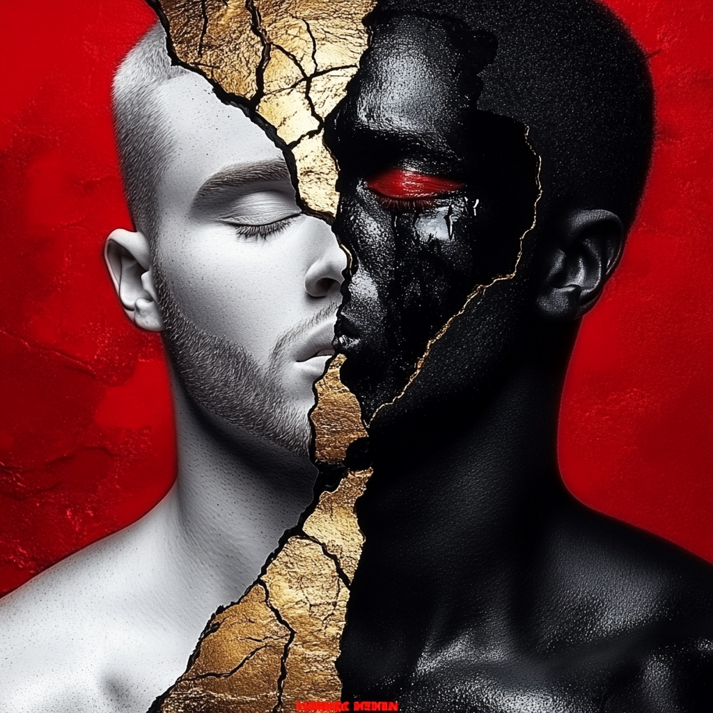 Artwork by Corey Wesley from the Unapologetic Faces archive: two faces split by a gold crack on red