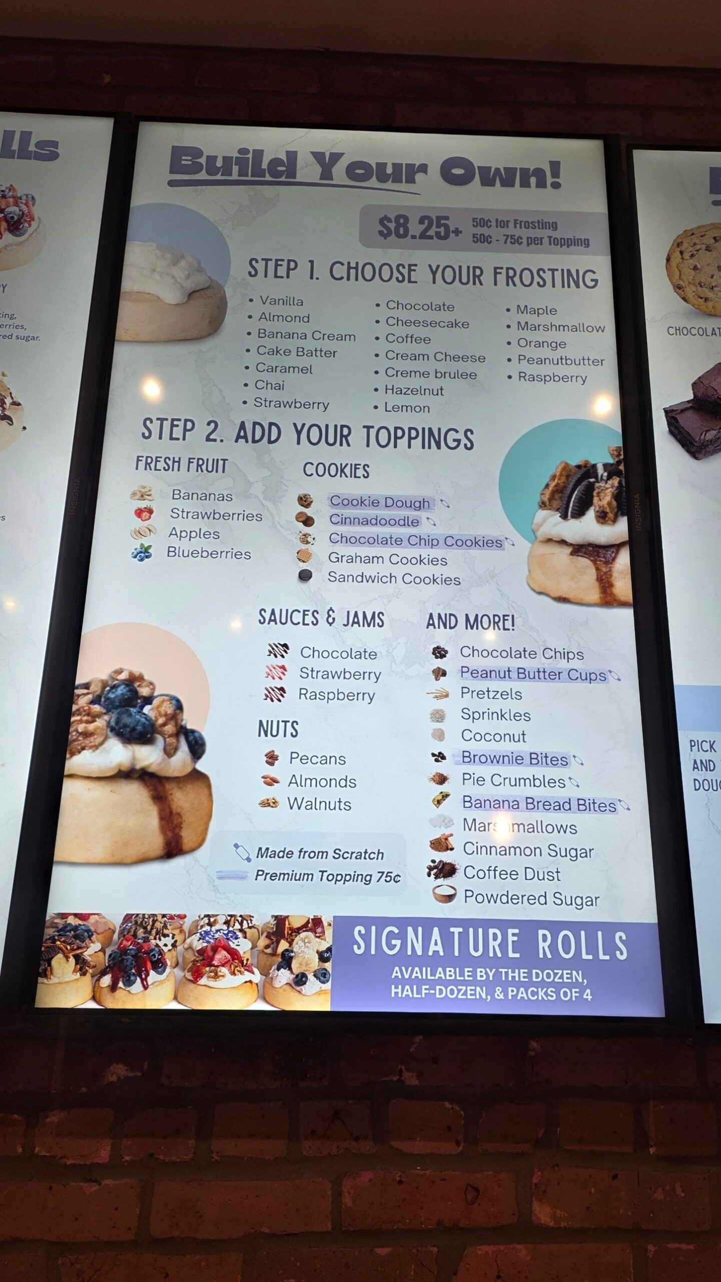 Cinnaholic Build Your Own menu board listing frostings and toppings