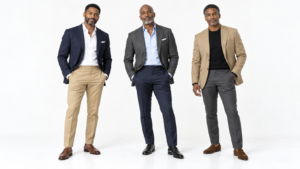Three Black men in navy, gray and camel blazers with slacks, standing in a white studio