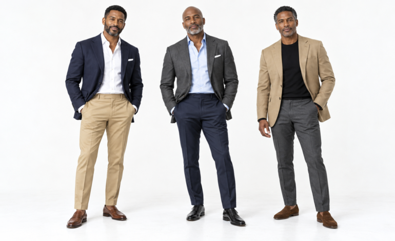 Three Black men in navy, gray and camel blazers with slacks, standing in a white studio