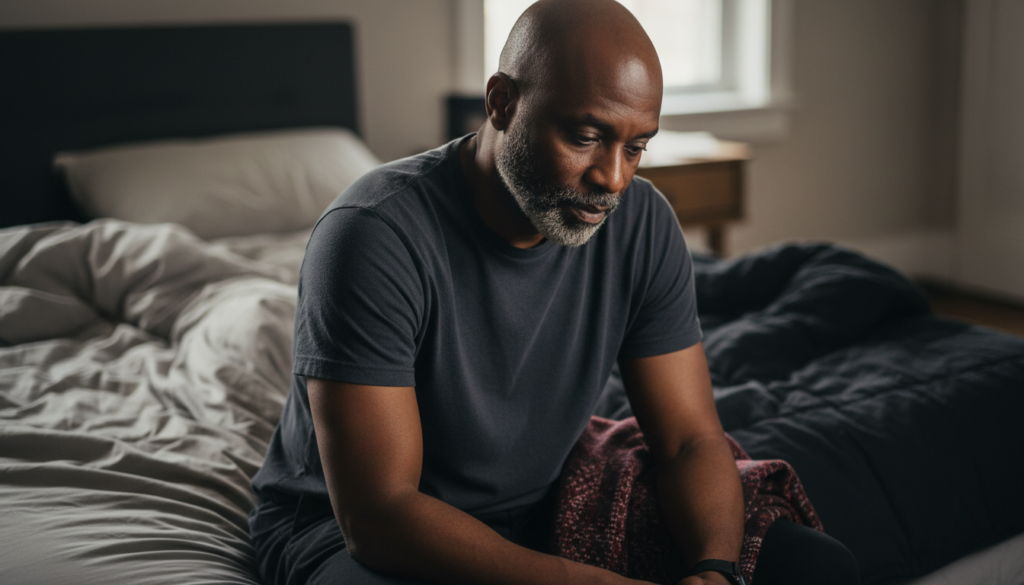 A Black man in his fifties sits on the edge of a bed in soft morning light, looking down, thoughtful.