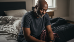 A Black man in his fifties sits on the edge of a bed in soft morning light, looking down, thoughtful.