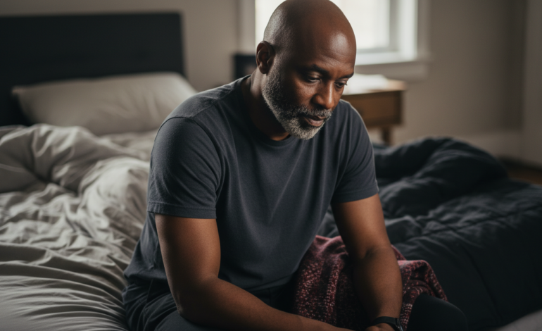 A Black man in his fifties sits on the edge of a bed in soft morning light, looking down, thoughtful.