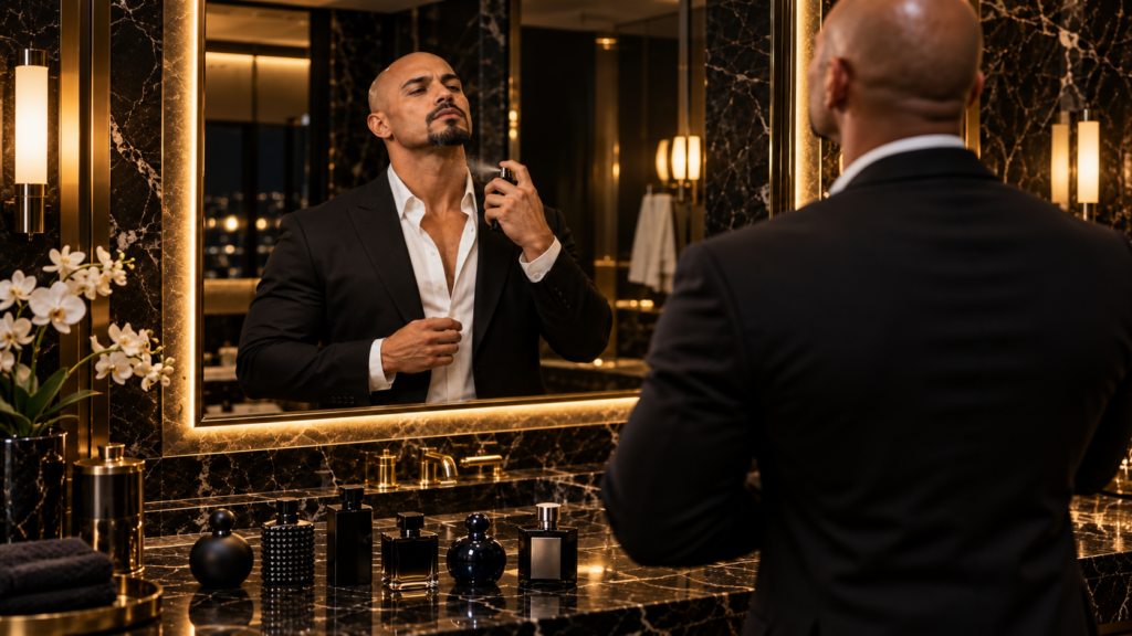 Bald man with a goatee in a black suit spraying cologne at a marble bathroom mirror, with six luxury colognes for men on the counter