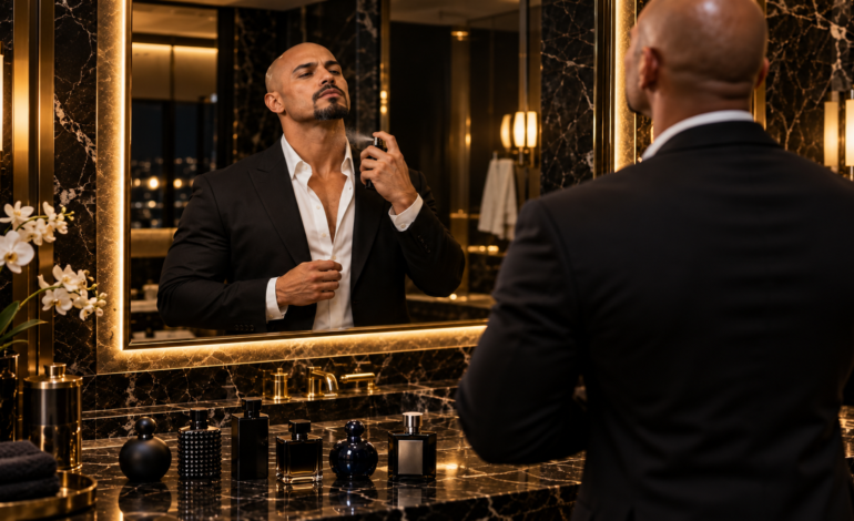 Bald man with a goatee in a black suit spraying cologne at a marble bathroom mirror, with six luxury colognes for men on the counter