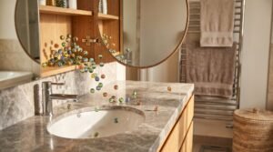 Open medicine cabinet in a marble bathroom with glass marbles spilling out onto the sink