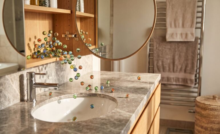 Open medicine cabinet in a marble bathroom with glass marbles spilling out onto the sink