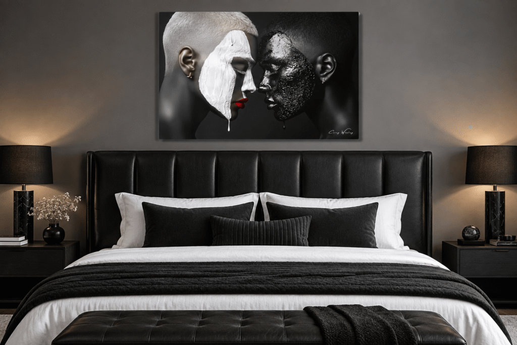 Irreversible Split by Corey Wesley hanging over a bed, room mockup