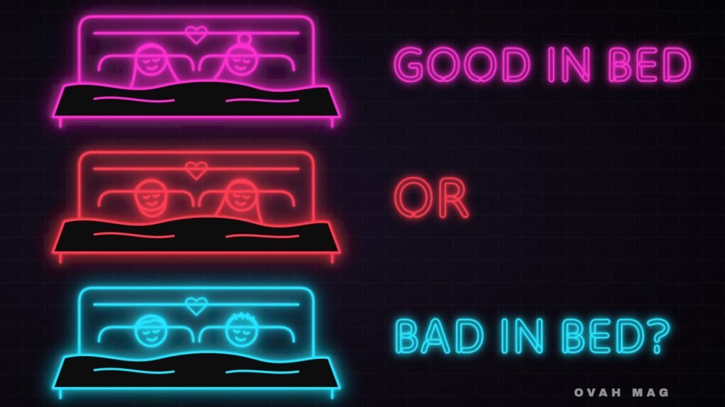 Neon sign illustration of three couples in bed: two women, a man and a woman, and two men, with the words Good in bed or bad in bed?