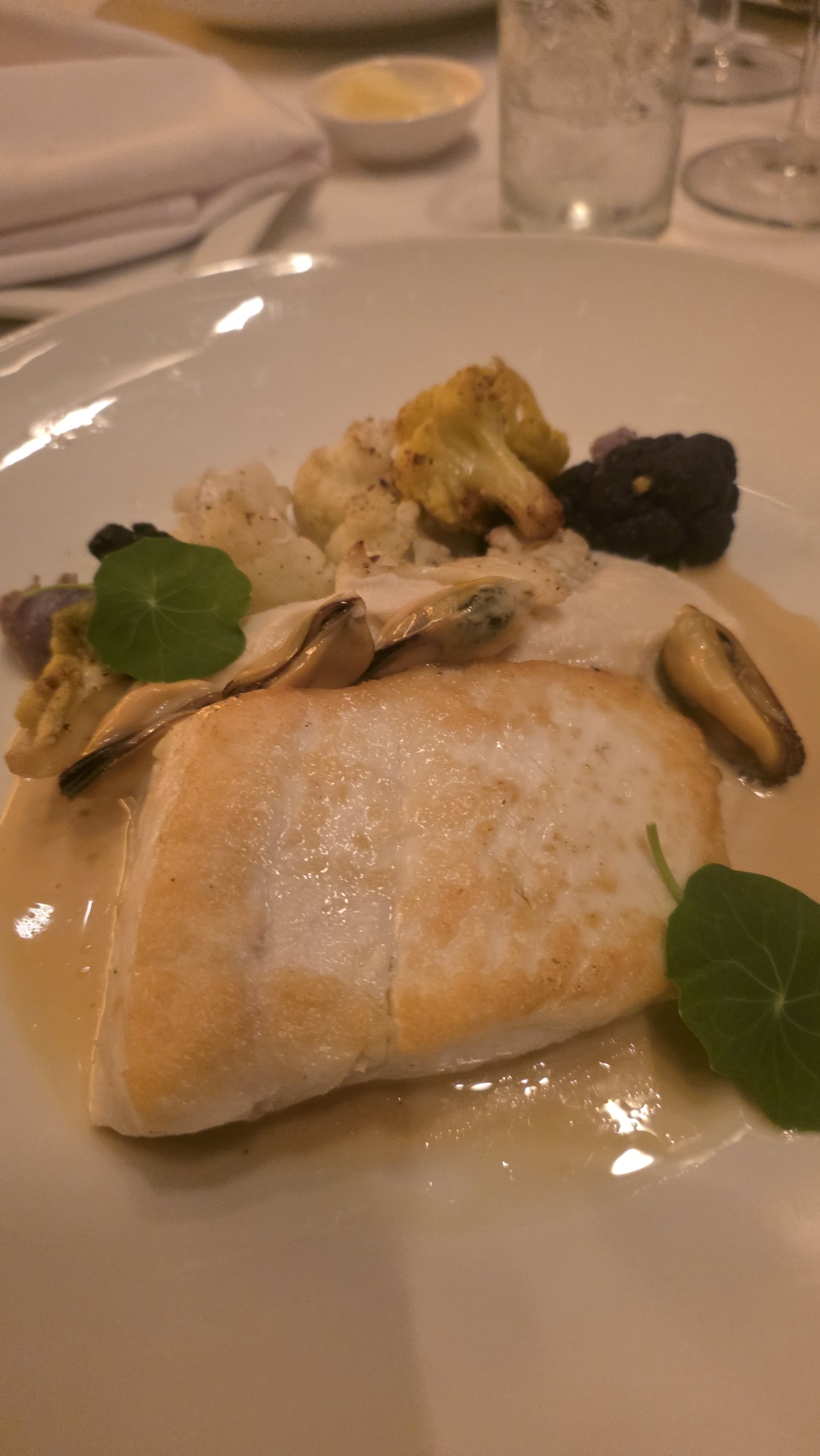 Nova Scotia halibut with cauliflower and mussels at The Grand Tier