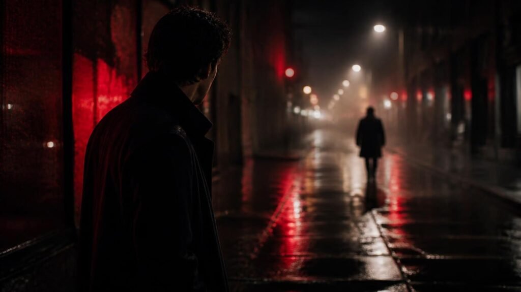 A man on a rainy New York street at night watches another man walk away into red-lit haze
