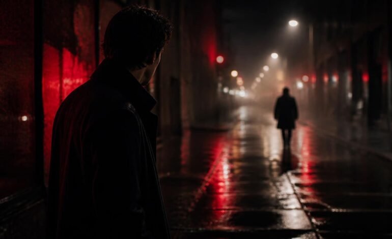 A man on a rainy New York street at night watches another man walk away into red-lit haze