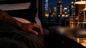 Late-night relapse in recovery: a man in bed beside a nightstand with a glass of whiskey, city lights outside