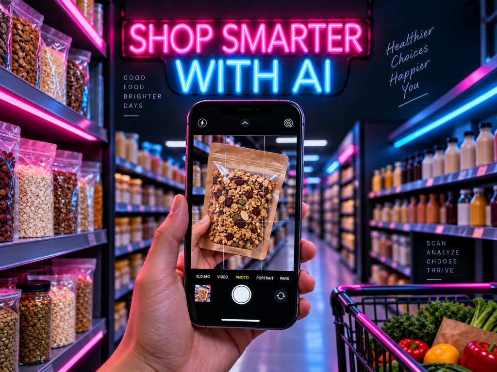 Phone camera pointed at a bag of granola in a grocery aisle under a neon Shop Smarter With AI sign. AI-generated image.