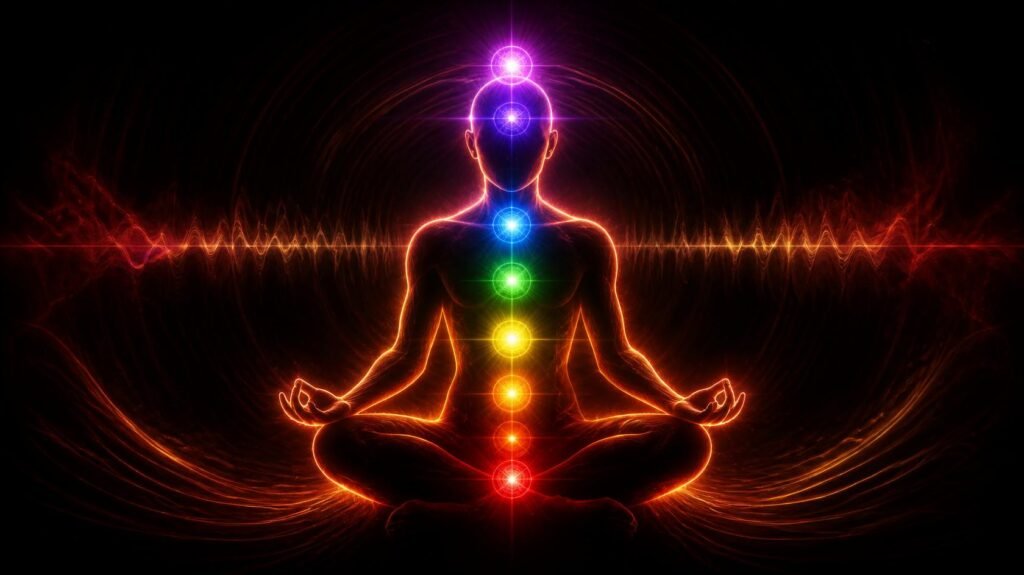 Neon outline of a person meditating with seven glowing chakra points on a black background