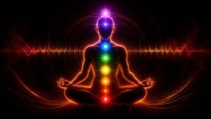 Neon outline of a person meditating with seven glowing chakra points on a black background